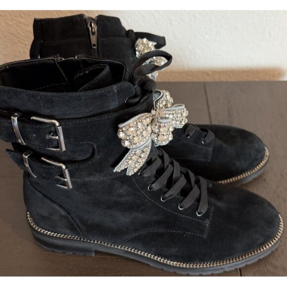 Kurt Geiger 40 / 9 Sutton Bow Rhinestone Embellished Suede Combat Boot Black - Picture 2 of 14